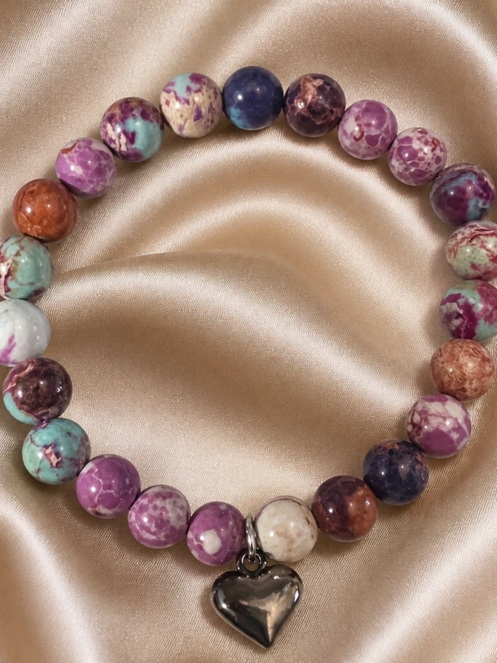 Multi-Color 5mm Glass Beaded Bracelet w/ Silver Heart Charm NWT